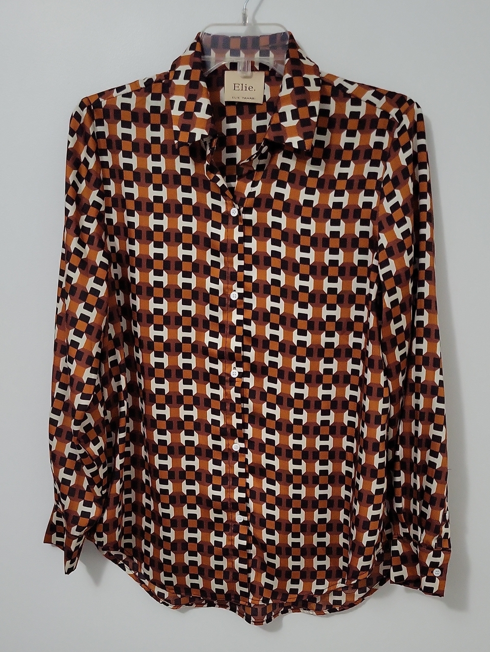 Elie Tahari Brown and Cream Geometric Button-Down Shirt, Size Medium